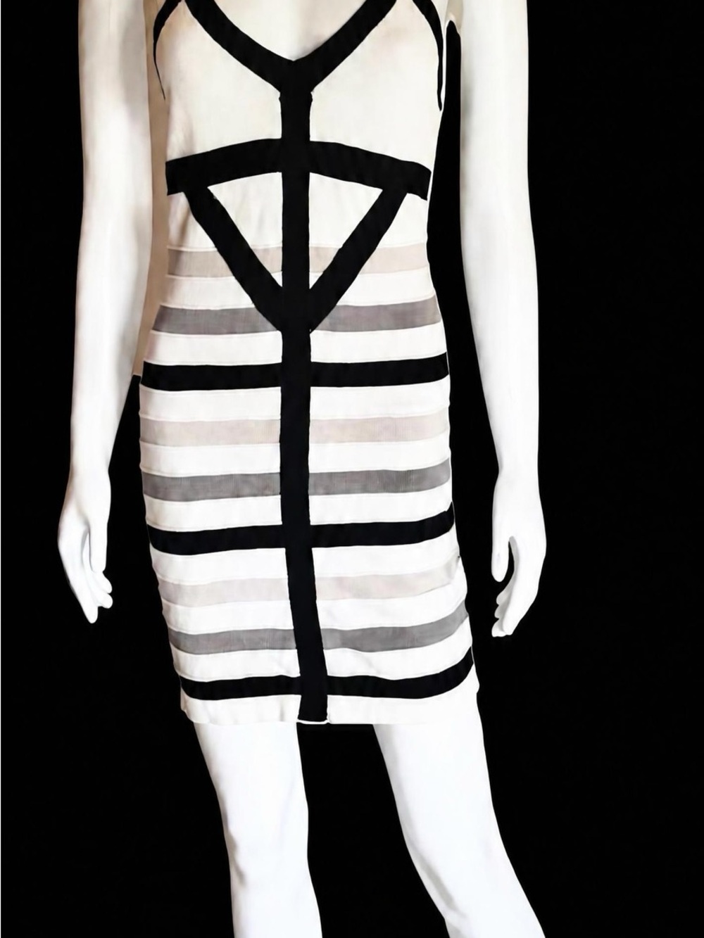 WOW couture White Mini Dress with Black Geometric Stripes